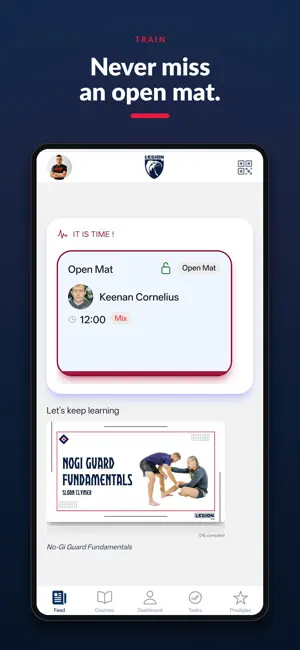 The Legion AJJ app showing the open mat schedule and No-Gi Guard Fundamentals course