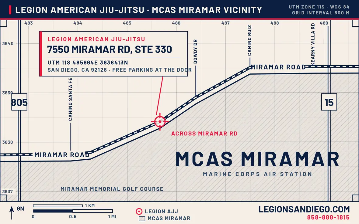 Map showing Legion American Jiu-Jitsu on Miramar Road across from MCAS Miramar